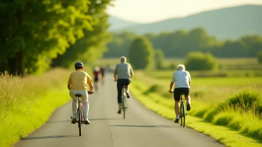 Active seniors cycling on a flat greenway path in Kerry with rolling green fields in the background
