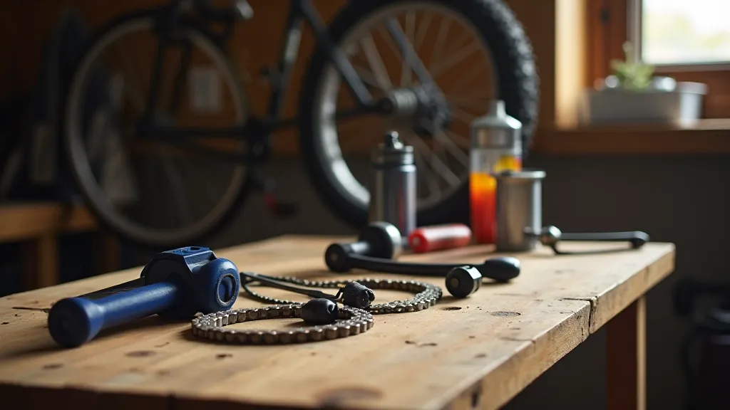 Close-up of bicycle maintenance tools on a workbench with a bicycle wheel and repair equipment