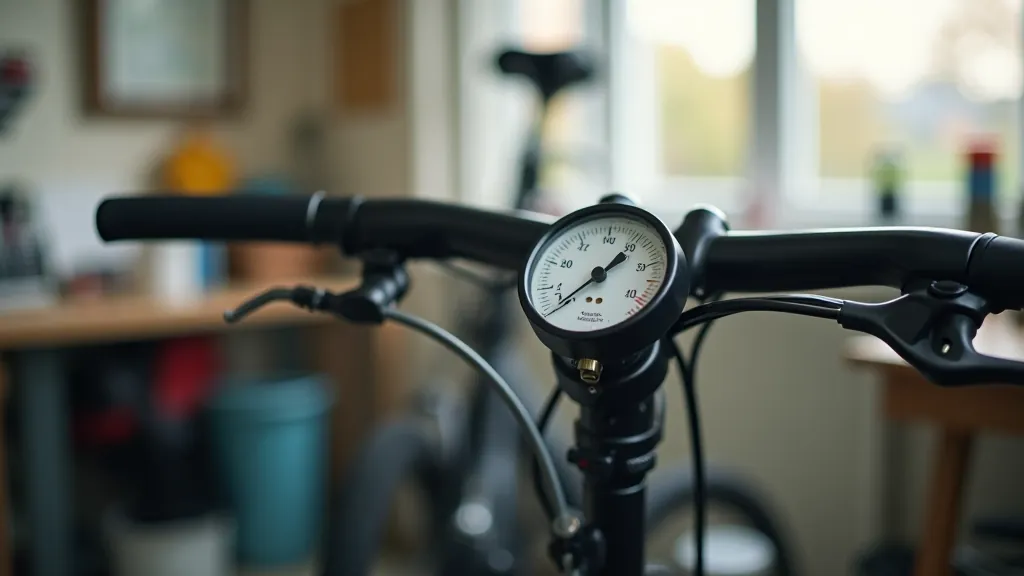 Close-up of a bicycle pump and pressure gauge on a work stand, clean workshop setting with natural light