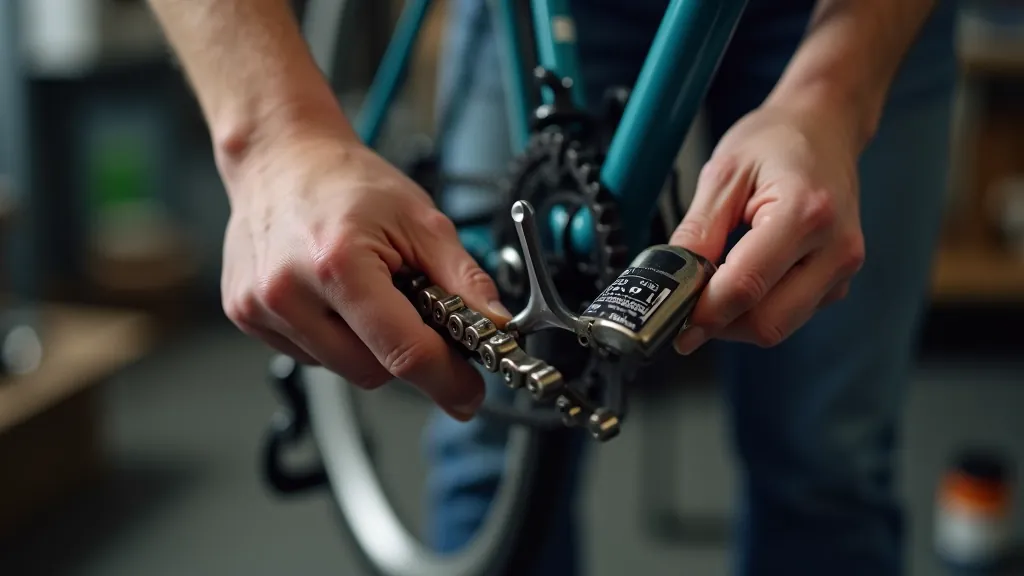Bicycle chain being cleaned with a brush and degreaser, workbench setting