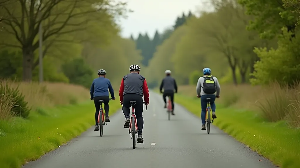 Experienced cycling guide pointing out landscape features to a small group on the path