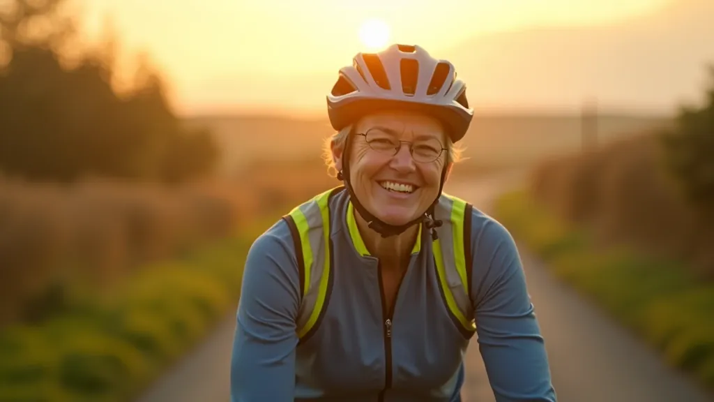 Cyclist wearing bright colored helmet and reflective vest on a greenway path during evening hours