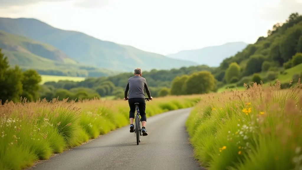 Cyclist on greenway path riding in safe position with visible safety gear
