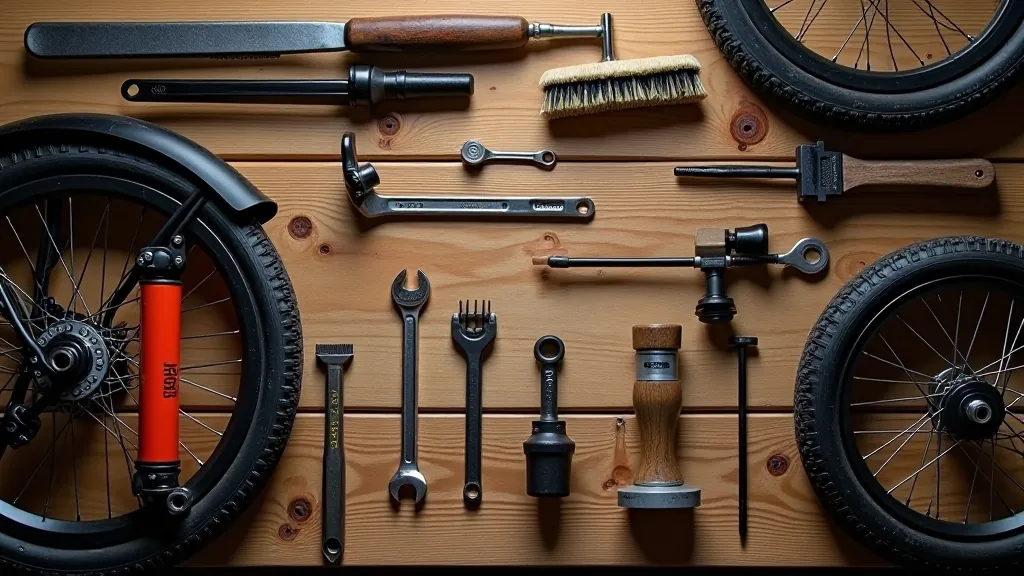 Organized collection of bicycle maintenance tools including pump, wrenches, and brushes on wooden workbench