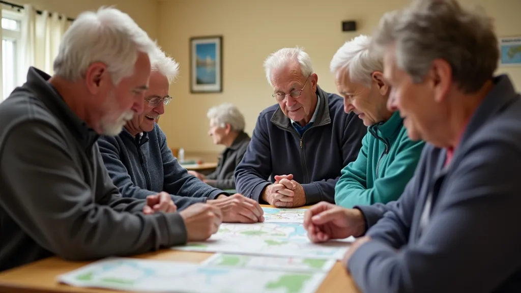 Cyclists gathered in a community center preparing for a group ride, looking at maps and discussing route plans