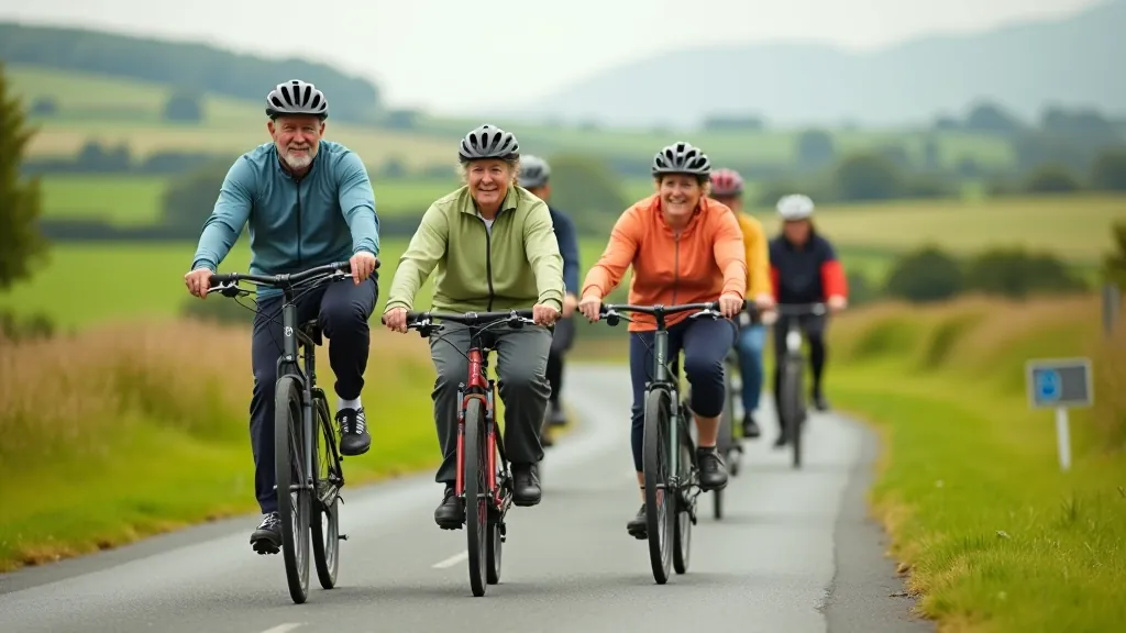 Group of senior cyclists riding together on the Old Kenmare Road with natural Kerry landscape in background