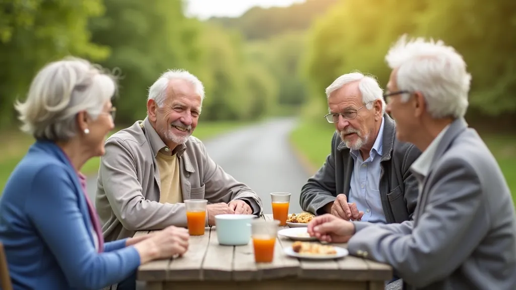 Seniors enjoying refreshments at a rest stop, smiling and chatting