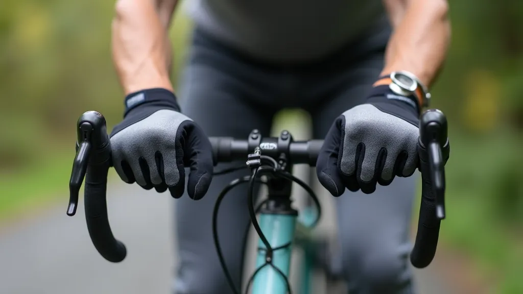 Hands gripping bicycle handlebars with padded gloves, clear view of proper hand positioning on a road bike