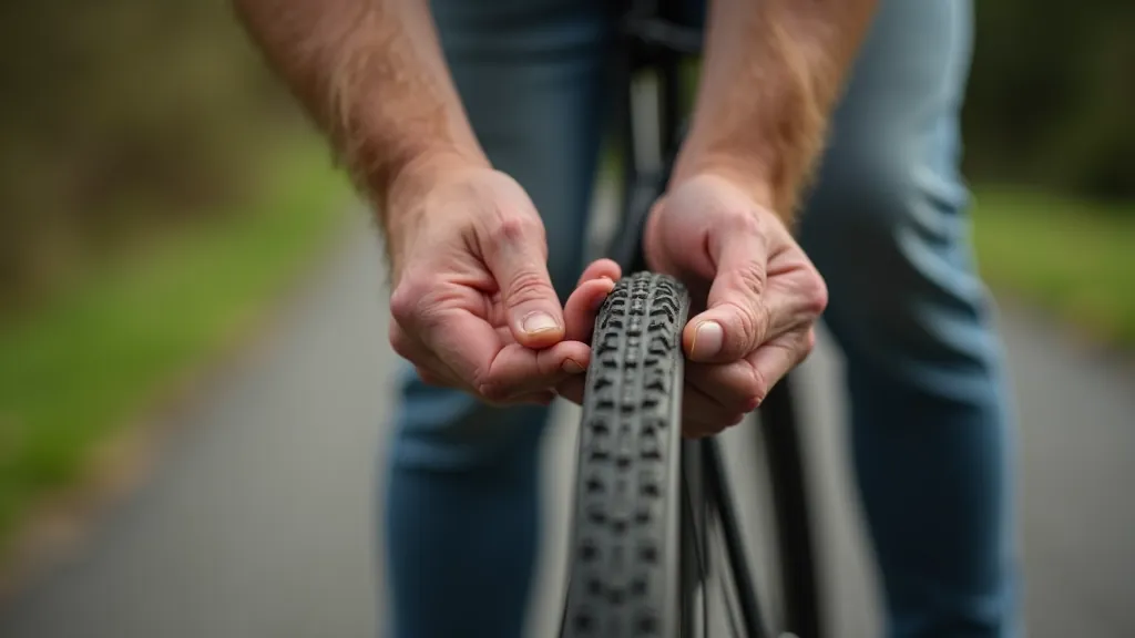 Close-up of bicycle tire inspection showing proper pressure check and tread examination