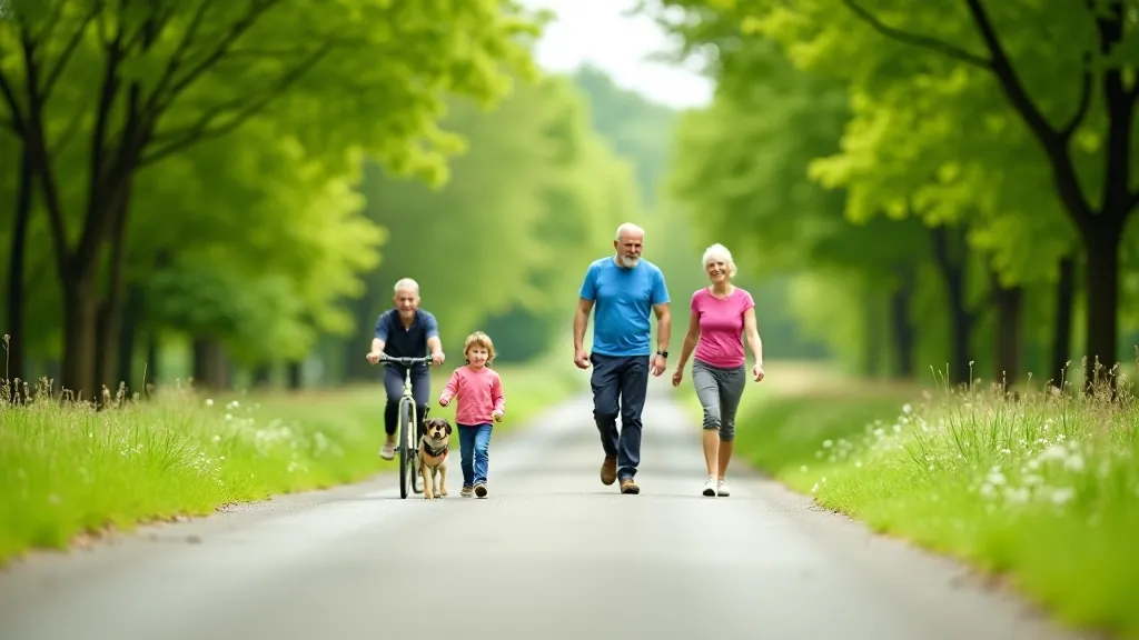 Mixed group of greenway users including cyclist, walker, and family on a wide flat path