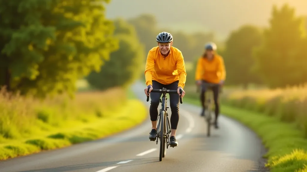 Senior cyclist in safety gear riding on a quiet greenway path with clear signage visible and peaceful countryside surroundings