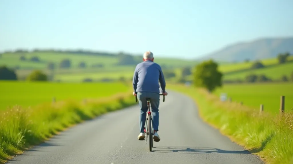 Older adult cyclist riding on a smooth flat paved greenway path with green countryside surroundings