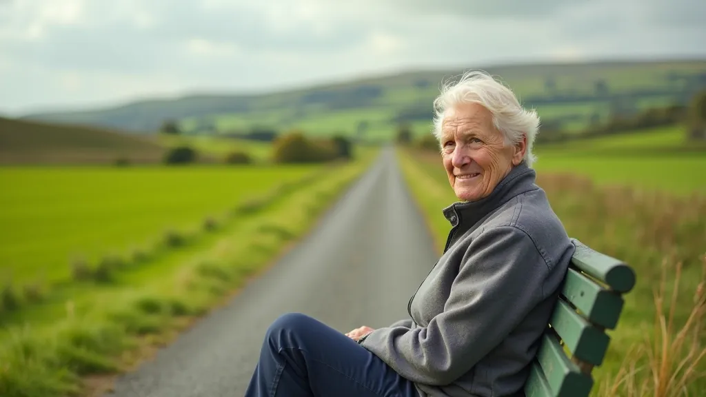 Cyclist sitting on a bench along a greenway path, taking a break and enjoying the view, peaceful countryside setting