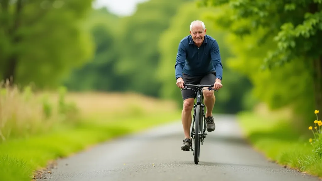 Senior cyclist riding on a smooth flat greenway with green rolling hills in the distance, bright sunny day