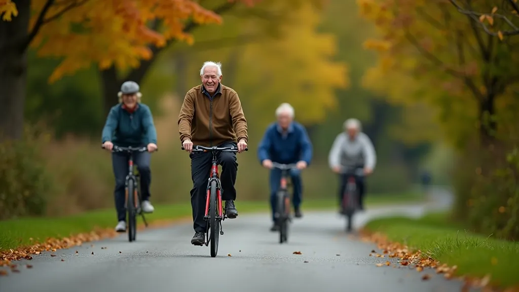 Group of cyclists riding together on a greenway with autumn foliage and trees visible along the path