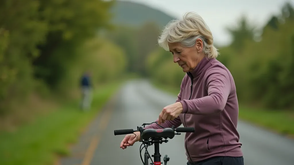 Close-up of a woman adjusting her bike seat during a skills session outdoors